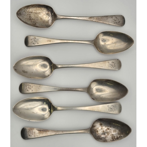 A set of six Georgian silver spoons. London 1824, by John Wakefield. Engraved 'D' to handles. Combined weight approximately 109g.
