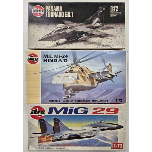Three vintage 1:72 scale Airfix model aircraft kits. To include Panavia Tornado GR.1, series 4, no.04027; MIL Mi-24 Hind A/D, series 5, no.05023 & MiG 29, series 4, no.04037. All appear complete.