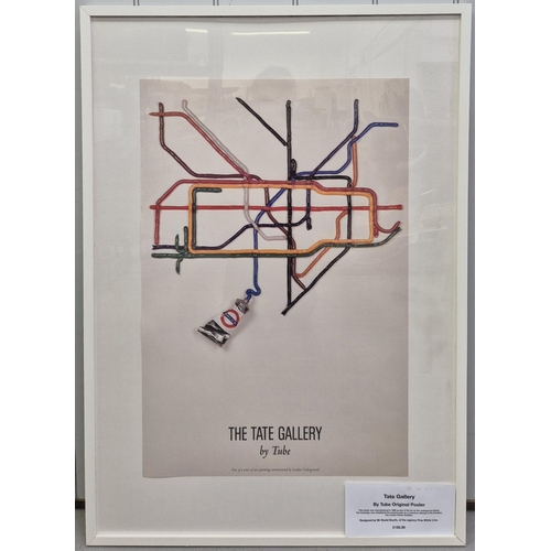 Original, framed London Transport poster commissioned in 1986 as part of the Art on The Underground series - 'Tate Gallery By Tube', designed by David Booth, featuring an illustration of the tube map lines as paint from a tube marked with the London Underground logo. Framed dimensions 104cm x 72.5cm.