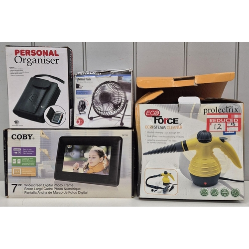 742 - Mixed lot of 9 mostly boxed, home electricals. To include Mini Fan, Steam Cleaner (PAT Test Passed),... 