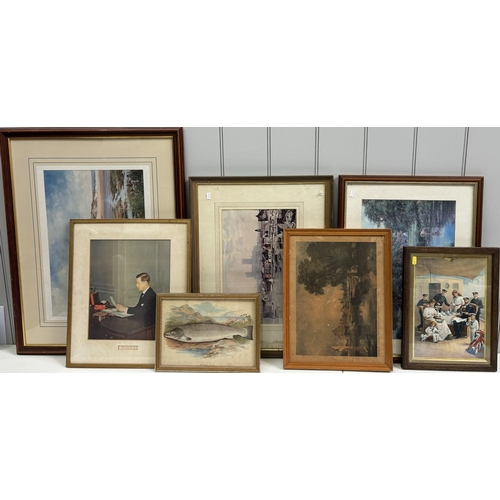 459 - Collection of 7 framed pieces of vintage artwork. Largest 76cm x 58.5cm.