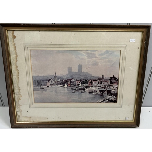 459 - Collection of 7 framed pieces of vintage artwork. Largest 76cm x 58.5cm.