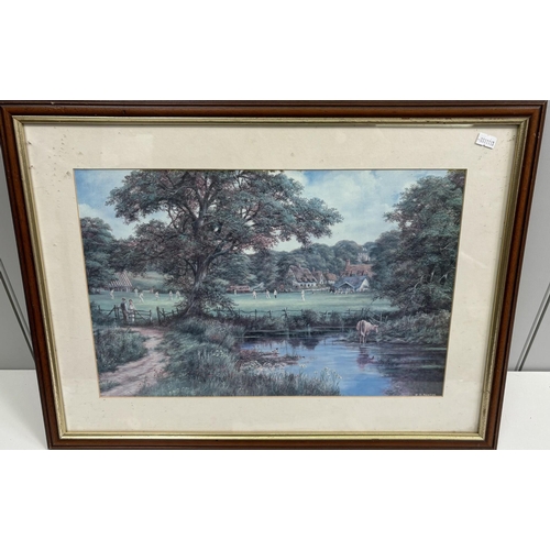 459 - Collection of 7 framed pieces of vintage artwork. Largest 76cm x 58.5cm.