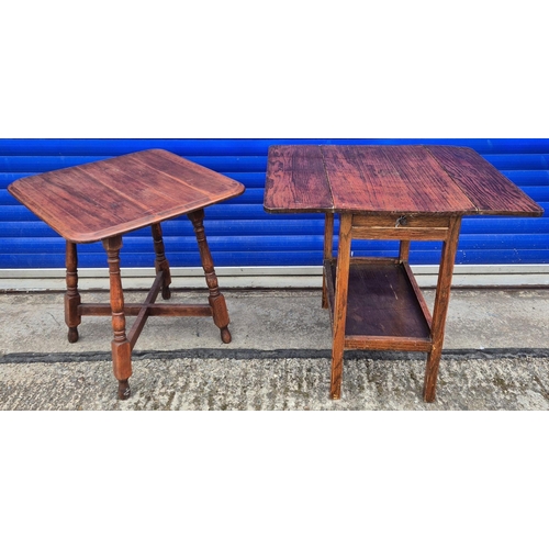 536 - Vintage drop-leaf oak tea table with single drawer, together with a side table. Respective dimension... 
