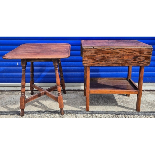 536 - Vintage drop-leaf oak tea table with single drawer, together with a side table. Respective dimension... 