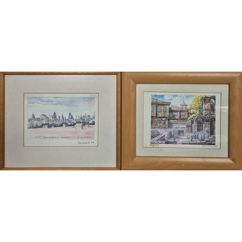 545 - Seven pieces of framed artwork. Artists include Jill Blower, I Fermer & Michael Holyoake. Largest di... 