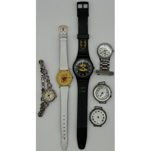 603 - Selection of quartz watches & heads. To include Batman, Winnie The Pooh, Garvel & nurse's fob watch.