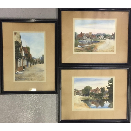 647 - A collection of three, framed, village-scene watercolours. Framed dimensions(cm) H36/36/45, W46/46/3... 