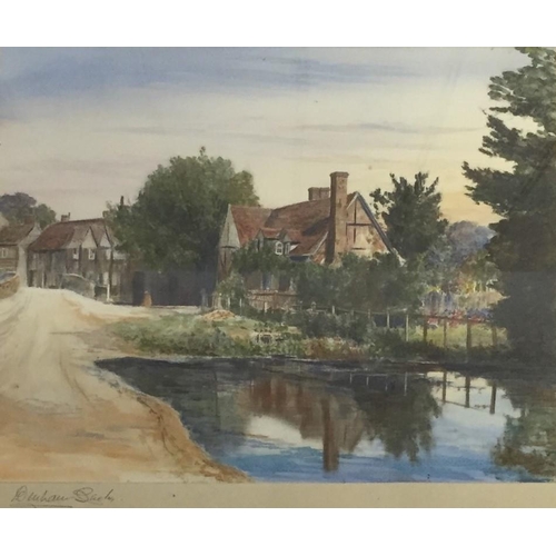 647 - A collection of three, framed, village-scene watercolours. Framed dimensions(cm) H36/36/45, W46/46/3... 