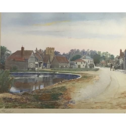 647 - A collection of three, framed, village-scene watercolours. Framed dimensions(cm) H36/36/45, W46/46/3... 