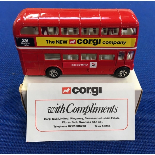 A rare Corgi Routemaster Bus. Presented in a plain box, with compliments slip present. These were presented to employees when the new Corgi factory opened in 1983. Model appears in mint/undisplayed condition.