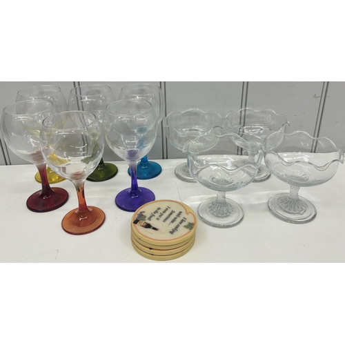 700 - Mixed lot of tableware. To include 6 coloured-stem wine glasses, 4 dessert bowls & 4 coasters.