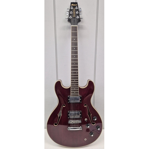 Aria (Japanese) ProII semi-acoustic electric guitar, in wine red, with case. Model no. TA-40; serial no. 3070363.