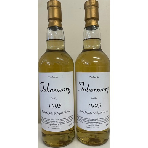 2 bottles - Tobermory 1995 Private Cask no.1113/John and Ingrid Stephens A rare single malt from the Isle of Mull's Tobermory distillery. Opened in 1798, it was originally known as Ledaig. It was dormant for the majority of the 20th century, shut down by DCL in 1930, re-opening in 1972 as Ledaig distillery, closing down again in 1975. Again re-opened in 1979 as Tobermory. ***Proof of age will be required before goods are released***