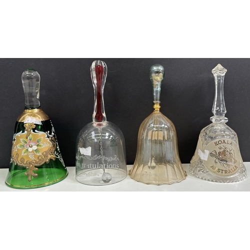 222 - Collection of 16 glass & crystal bells. Tallest 17.5cm.
