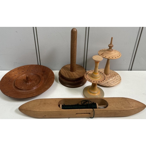 875 - Collection of turned stands & shuttle. Majority being earring display stands.