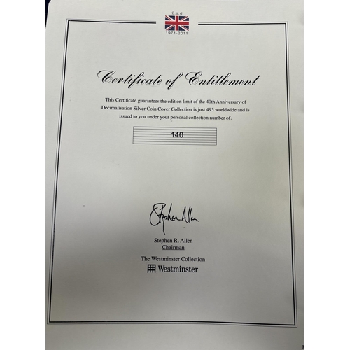 992 - Westminster Mint 40th Anniversary Decimalisation coin cover set. Silver-plated circulated coins.