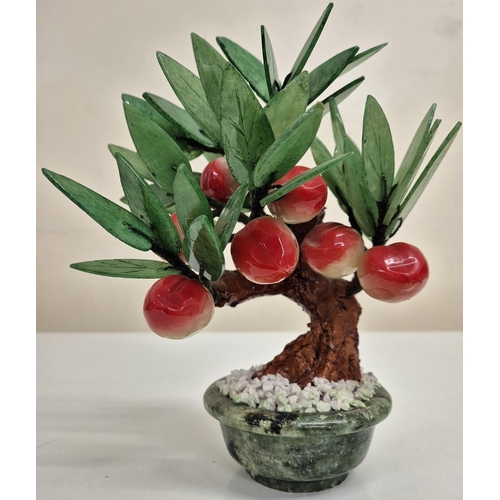 1002 - A traditional Chinese wedding couple plinthed set, together with a Jade & glass peach tree. Tallest ... 