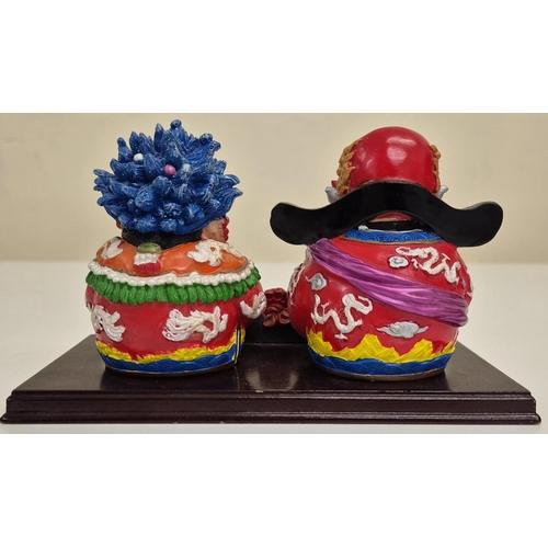 1002 - A traditional Chinese wedding couple plinthed set, together with a Jade & glass peach tree. Tallest ... 