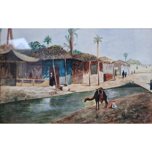 1063 - A framed watercolour desert scene, signed 'R Russell 1918'. Framed dimensions(cm) H32, W42.