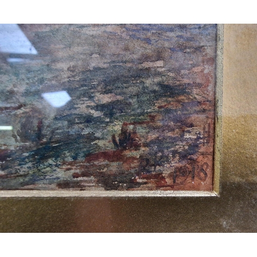 1063 - A framed watercolour desert scene, signed 'R Russell 1918'. Framed dimensions(cm) H32, W42.