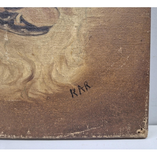 1381 - An early 20th century oil on canvas, head portrait of a St Bernard dog. Artist monogram RAR. De-fram... 