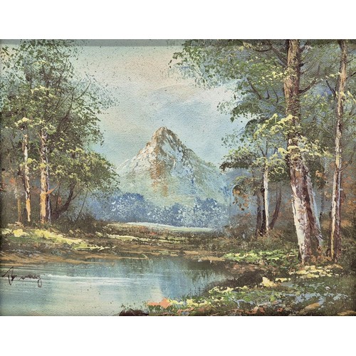 1382 - A framed, original oil on canvas depicting Mountain Fall. Signed by the artist. Framed dimensions 28... 