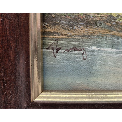 1382 - A framed, original oil on canvas depicting Mountain Fall. Signed by the artist. Framed dimensions 28... 
