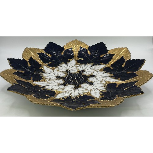 19th century Meissen cabinet plate. Maple leaf shaped, with cobalt blue, gold & white decoration. Diameter 29cm.