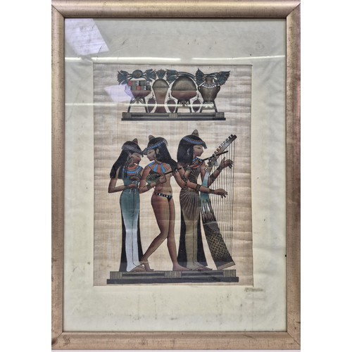 Early 20th century, framed Egyptian papyrus painting showing Musicians of Amun. Inspired by the tomb of Nakht, a scribe and astronomer at the temple of Amun during the 18th Dynasty (around 1400 BC). Framed dimensions 76cm x 56cm.