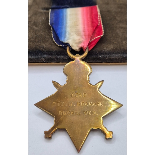 17 - WWI Medals awarded to 1092 Pte J Beaman, Bucks Yeomanry. To include 1914-15 Star Medal, 1918 British... 