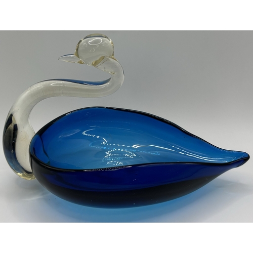 29 - Collection of 11 pieces of mid-century blue art glass. To include Mdina & other animals & brandy gla... 