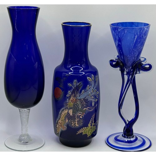 30 - Collection of 16 pieces of mid-century cobalt blue/blue glass vases & dish. To include Bohemia Glass... 