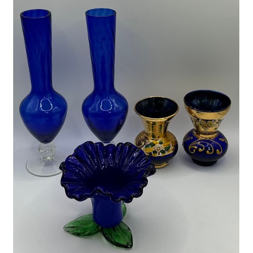 30 - Collection of 16 pieces of mid-century cobalt blue/blue glass vases & dish. To include Bohemia Glass... 