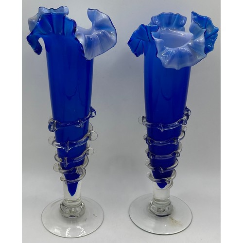 31 - Collection of 16 pieces of mid-century & later, mostly blue glass vases & art glass. Tallest 24cm.