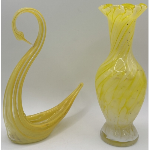 32 - Collection of 5 pieces of mid-century glass art. To include a trio of opaline swirl vases, yellow gl... 