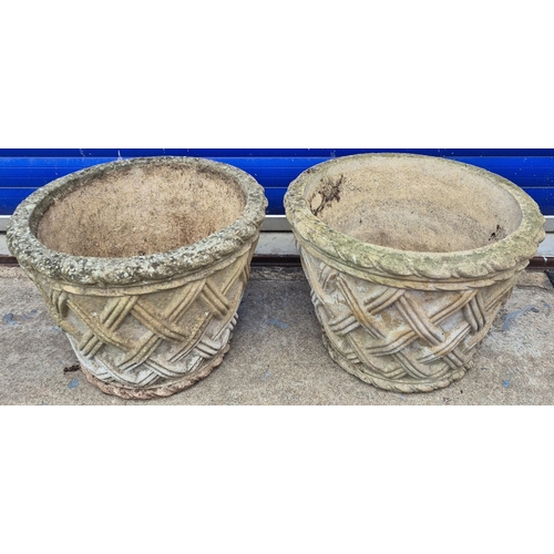54 - Pair of lattice design stone garden planters. Dimensions(cm) H32, W42, D42.
