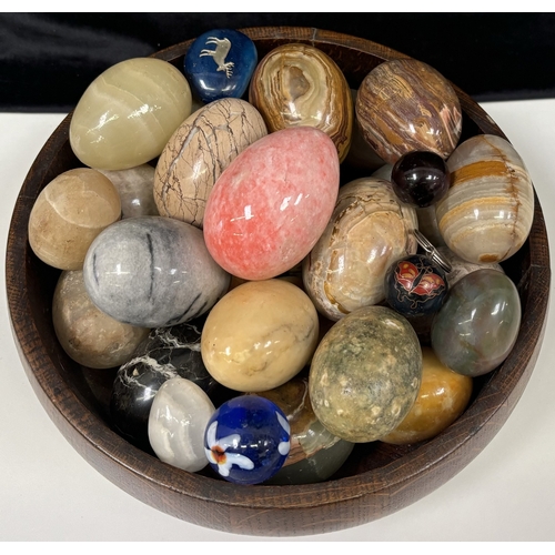 58 - Vintage oak bowl with approx. 27 decorative eggs & glass balls. Bowl dimensions(cm) H8, W26, D26.