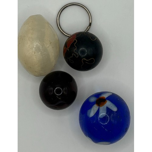 58 - Vintage oak bowl with approx. 27 decorative eggs & glass balls. Bowl dimensions(cm) H8, W26, D26.