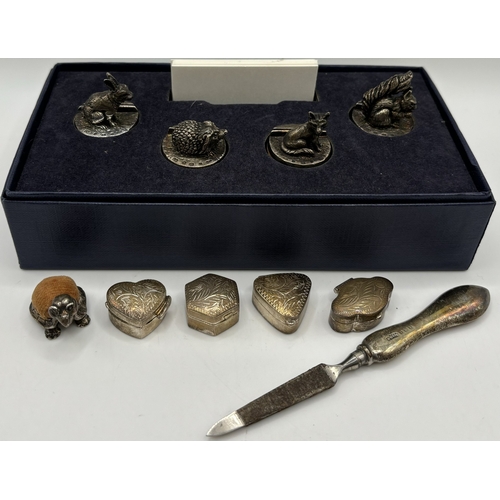 123 - Collection of vintage sterling silver items. To include boxed set of name card holders, 4 pill boxes... 