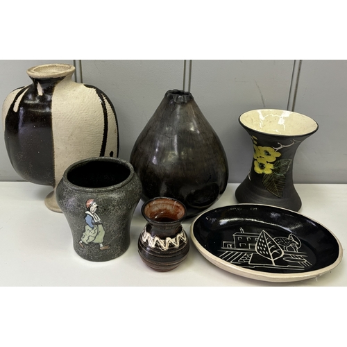 126 - Collection of 6 pieces of studio pottery. To include 5 vases & trinket dish.