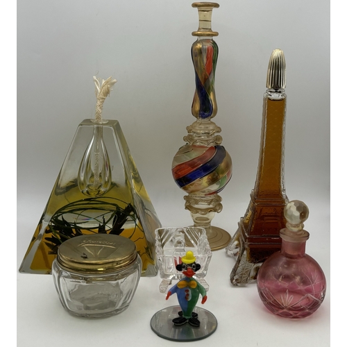 130 - Collection of glass decor. To include pyramid oil lamp/diffuser (likely French), elaborate multicolo... 