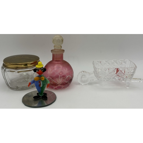 130 - Collection of glass decor. To include pyramid oil lamp/diffuser (likely French), elaborate multicolo... 