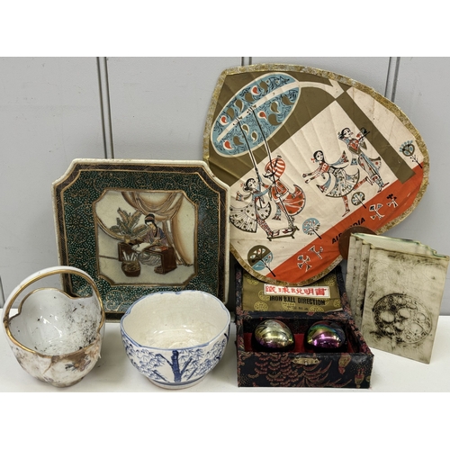 131 - Collection of vintage International decor. To include Air India paper fan; Chinese Baoding Balls; Ch... 