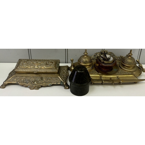 136 - Collection of antique & vintage desk items. To include brass Art Nouveau double inkwells, letter ope... 
