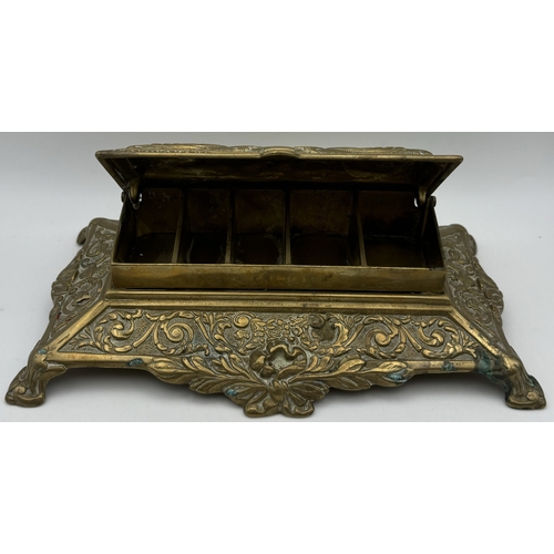136 - Collection of antique & vintage desk items. To include brass Art Nouveau double inkwells, letter ope... 