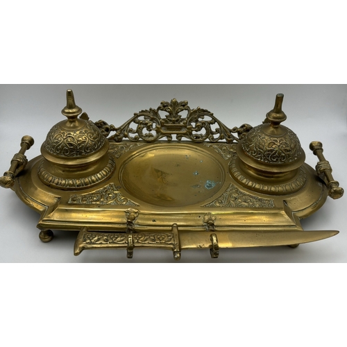 136 - Collection of antique & vintage desk items. To include brass Art Nouveau double inkwells, letter ope... 