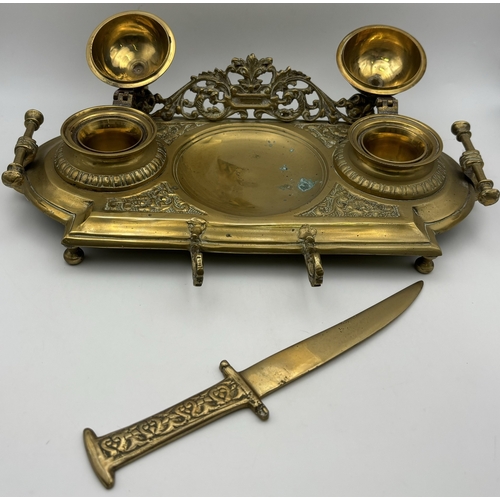 136 - Collection of antique & vintage desk items. To include brass Art Nouveau double inkwells, letter ope... 