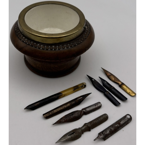 136 - Collection of antique & vintage desk items. To include brass Art Nouveau double inkwells, letter ope... 