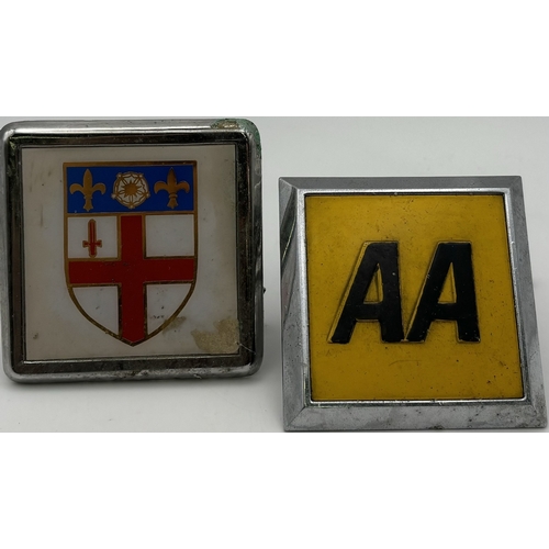 138 - AA & King Edward's School Witley car badges, c.1970's. Largest 7.5cm x 7.5cm.
